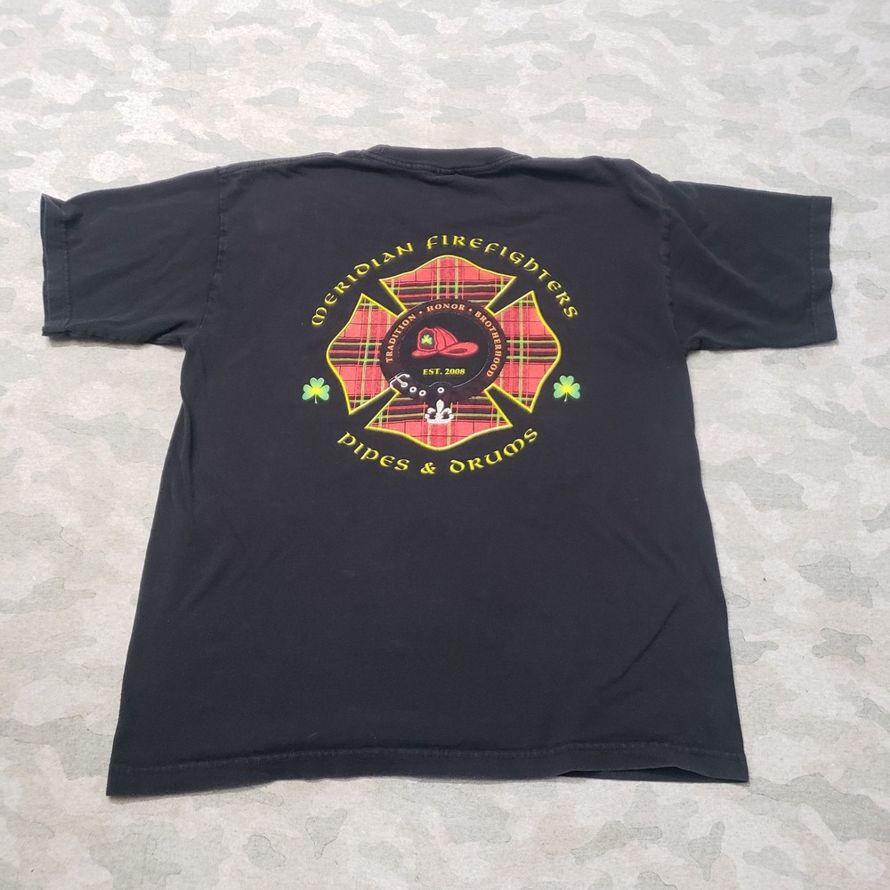 Vintage Bayside Meridian Firefighters Shirt Mens Large Black Graphic ShortSleeve